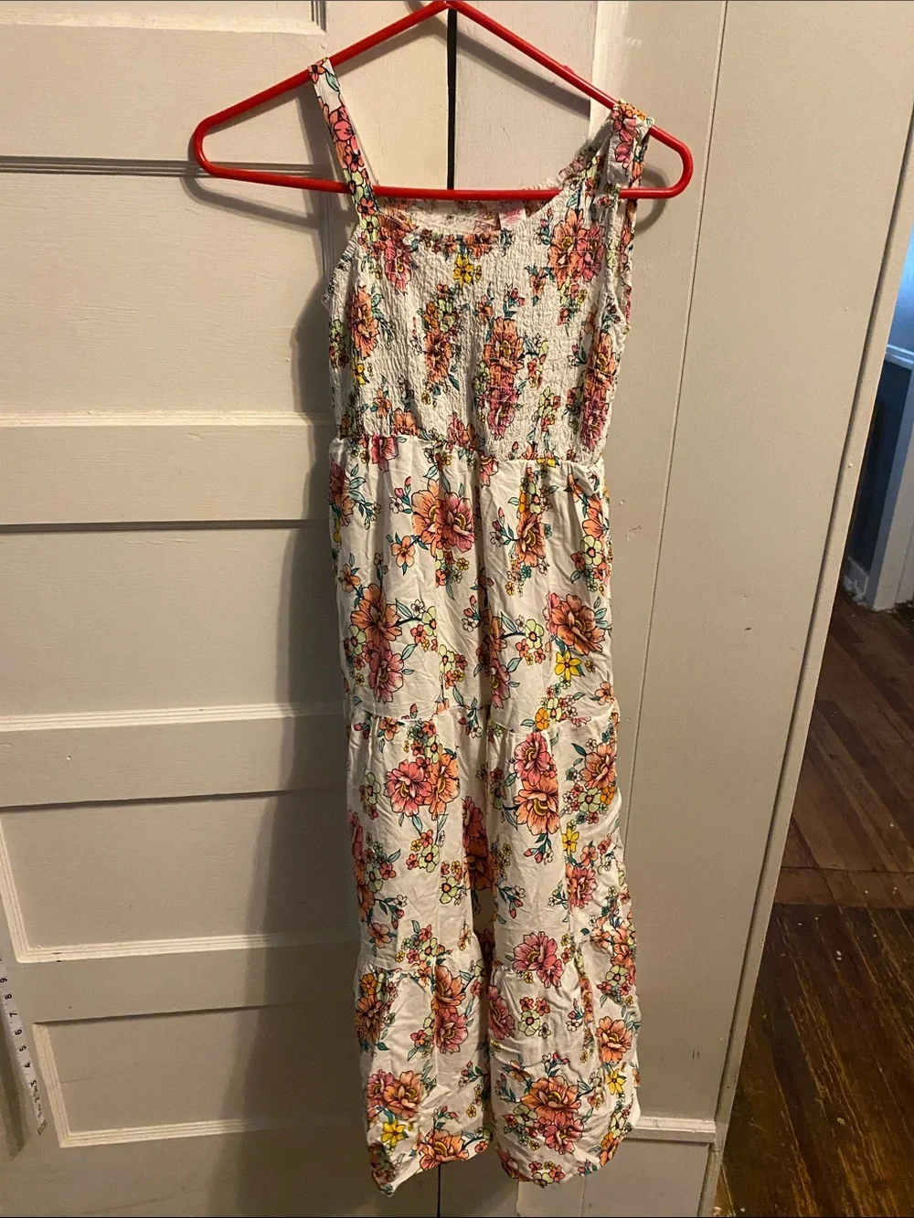 Justice White Floral Smocked Jumpsuit with Pink & Yellow Flowers